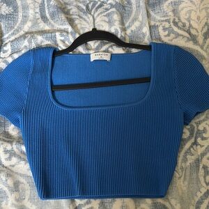 Babaton Blue Ribbed Crop Top with Cap Sleeves